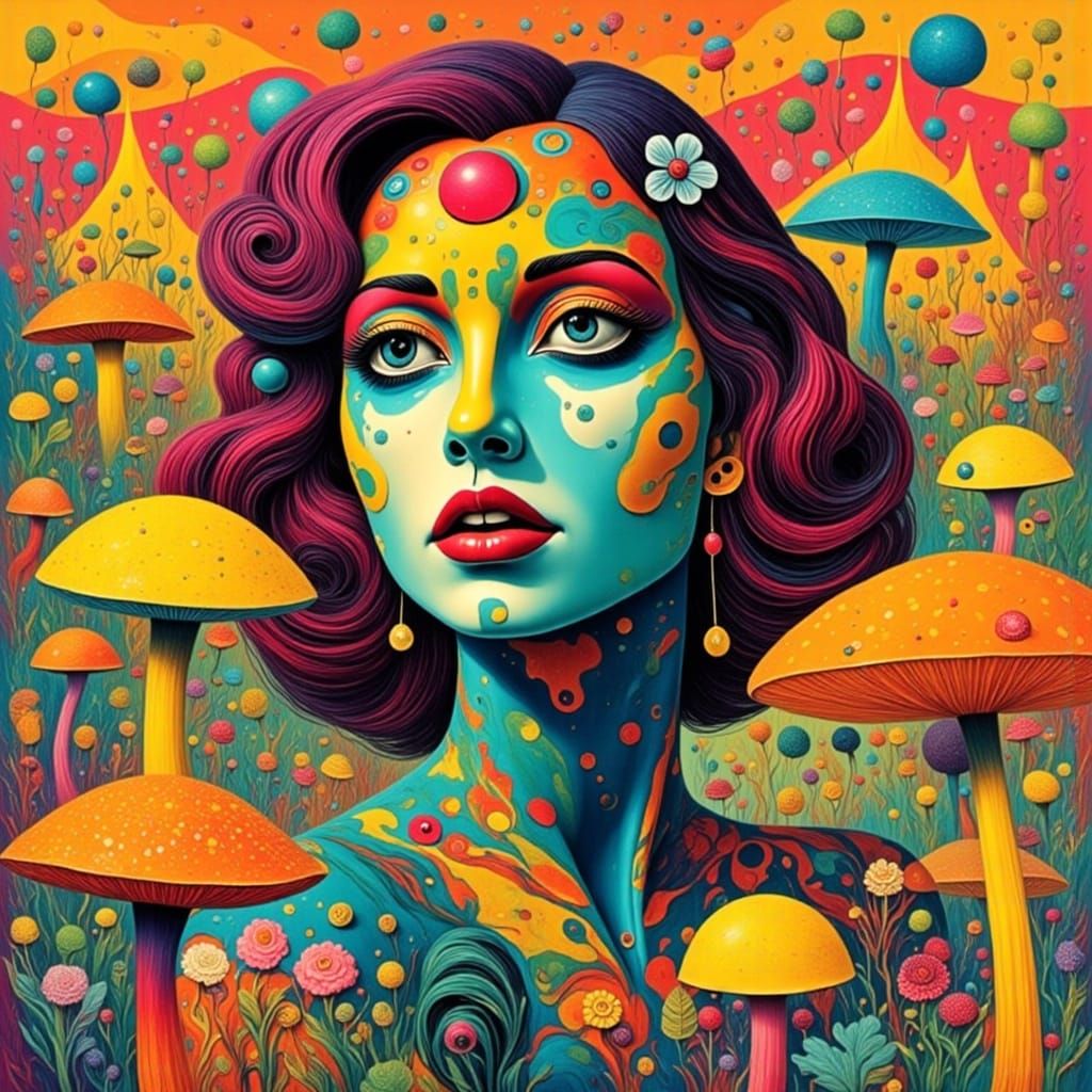 Vibrant Woman in Neon Futurist Landscape with Giant Mushroom...