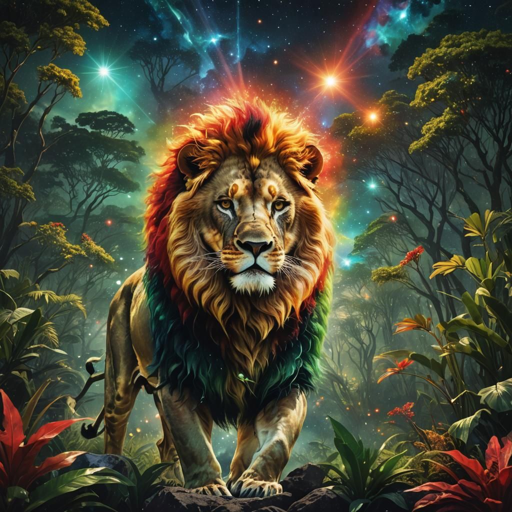 Lion in Jungle Under Nebula Night Sky