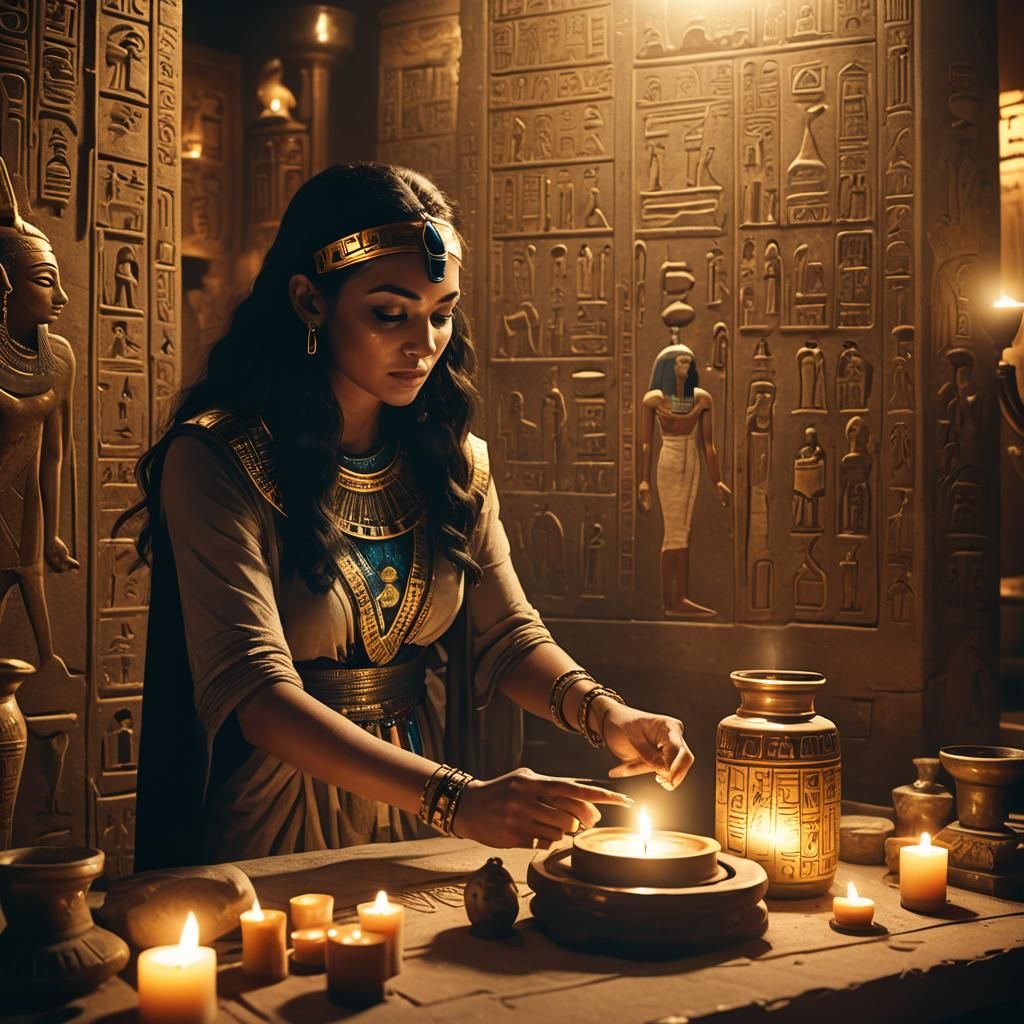Egyptian Priestess and Glowing Artifact: Cinematic Still