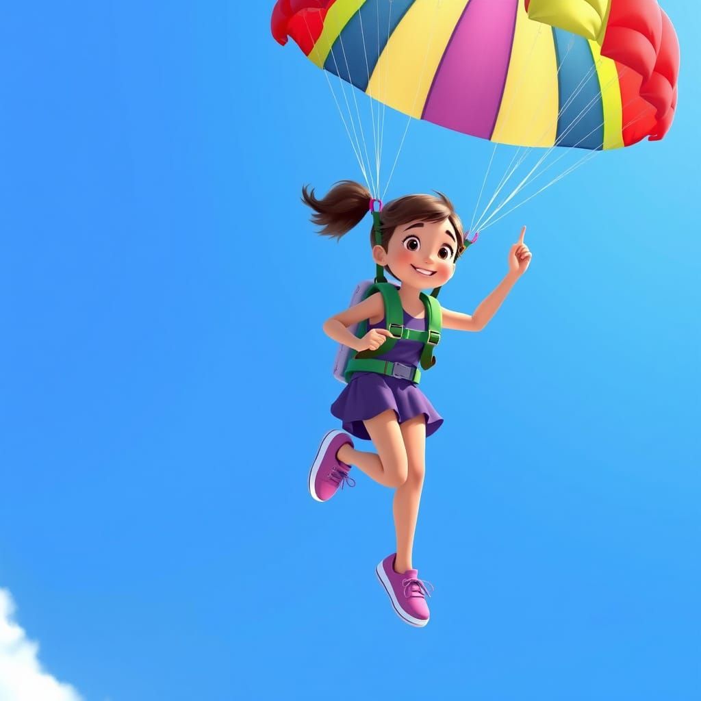 Girl Soaring with Parachute in Pixar Style