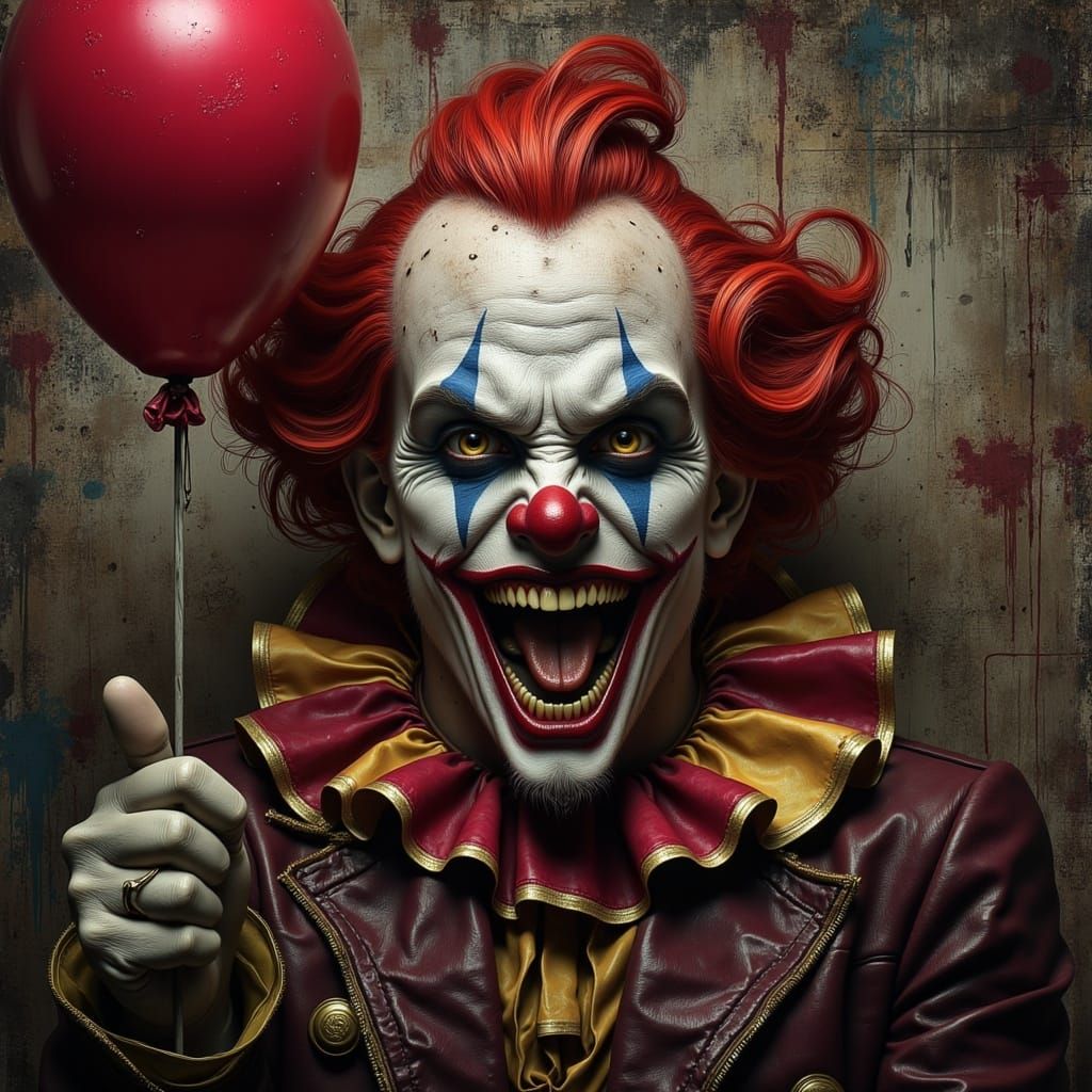 Sinister Clown with Balloon, Gothic Oil Painting