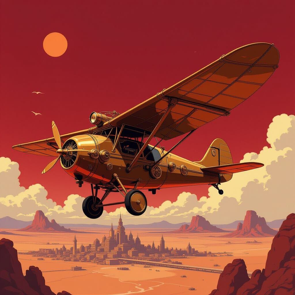 Steampunk Ornithopter Soaring Over Desert City