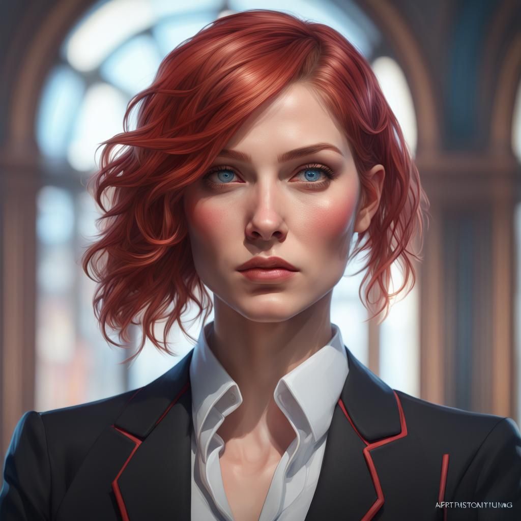 Crimson Haired Woman in Hyperdetailed Digital Portrait