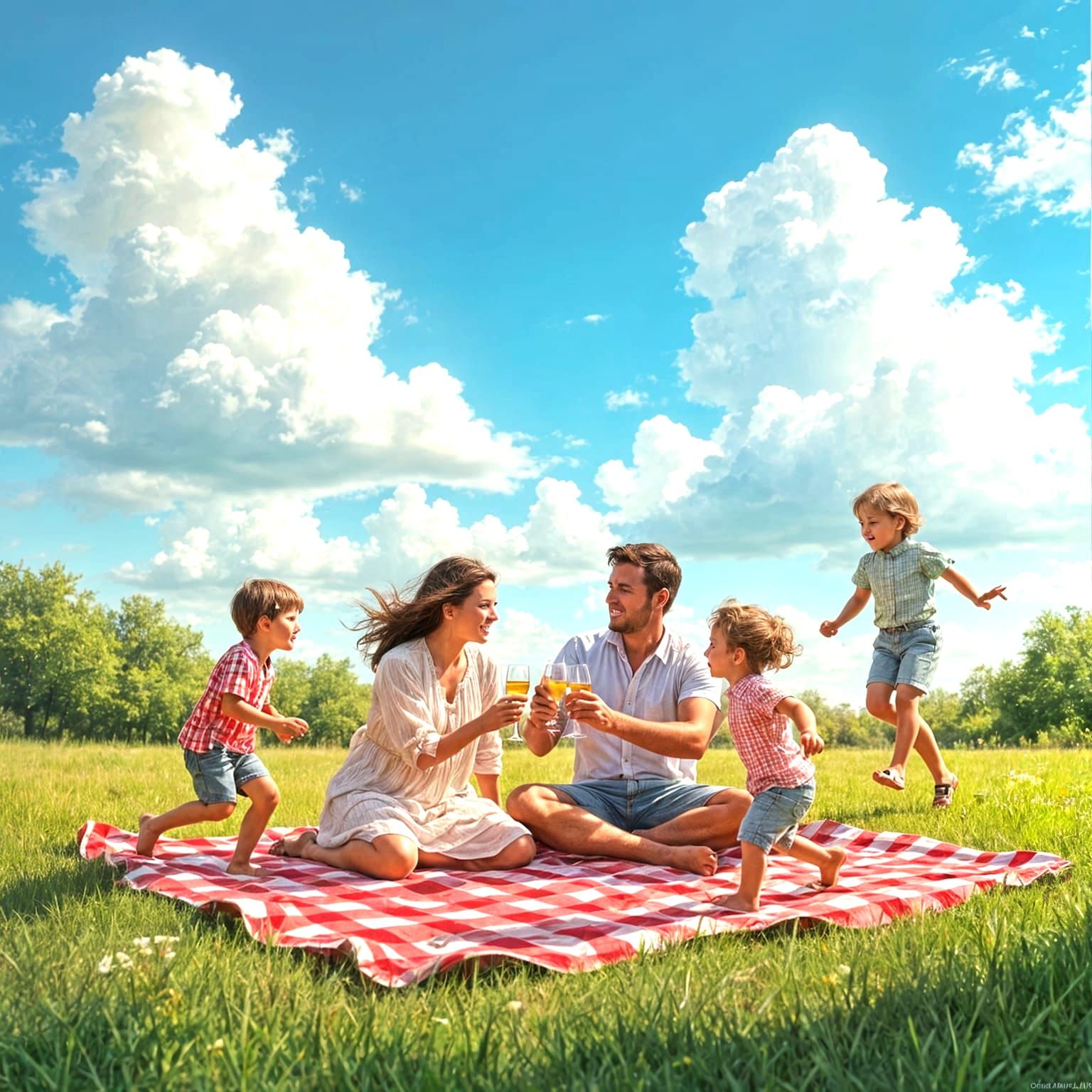 A Gingham Picnic Scene with a Clear Blue Sky