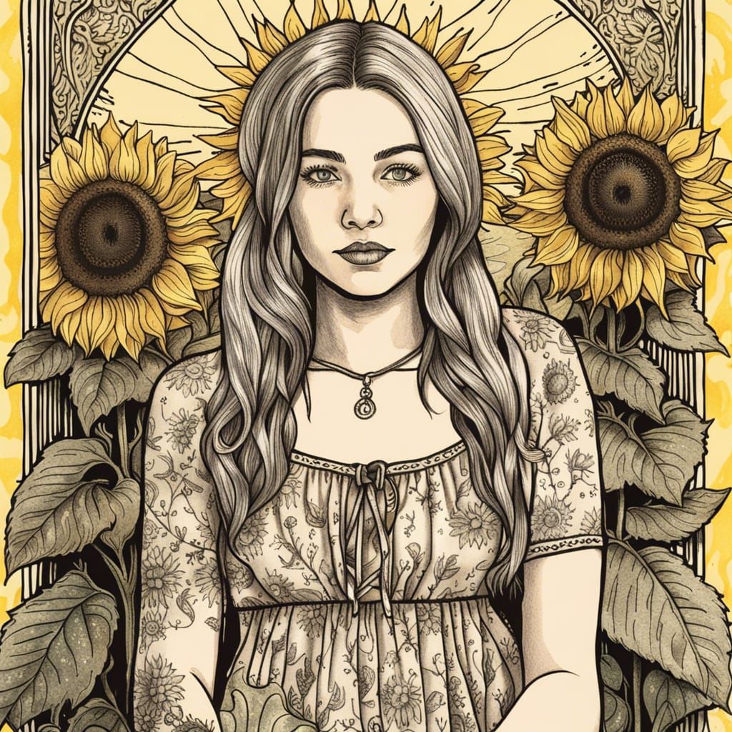 Tarot Card Style Sunflower Woman Ink Drawing