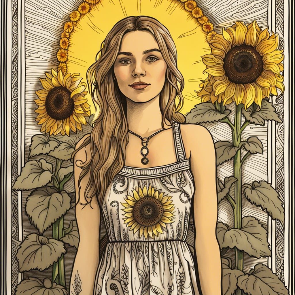 Tarot Card with Sunflower Dress, Ink Drawing