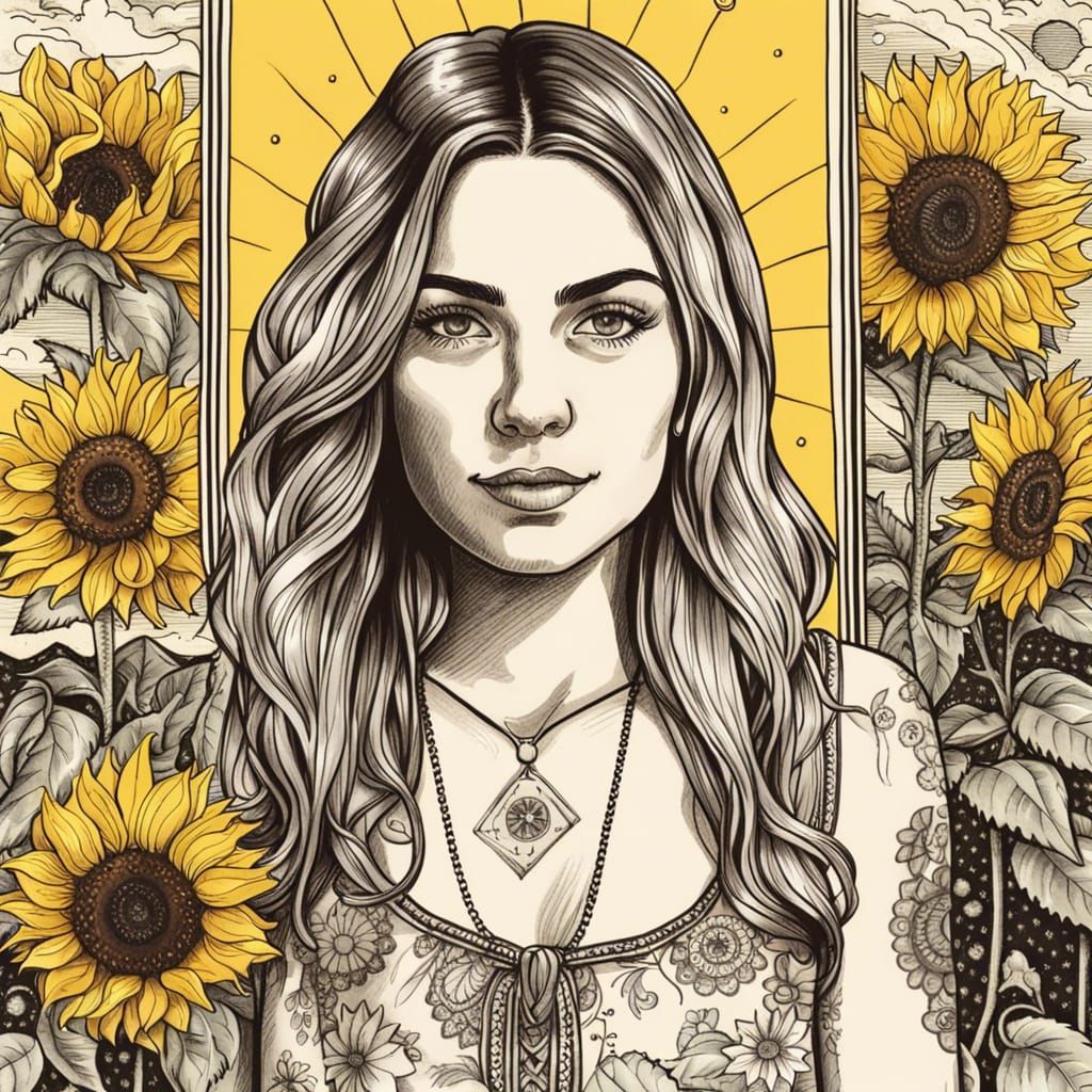 Sunflower Tarot Card in Ink Drawing Style