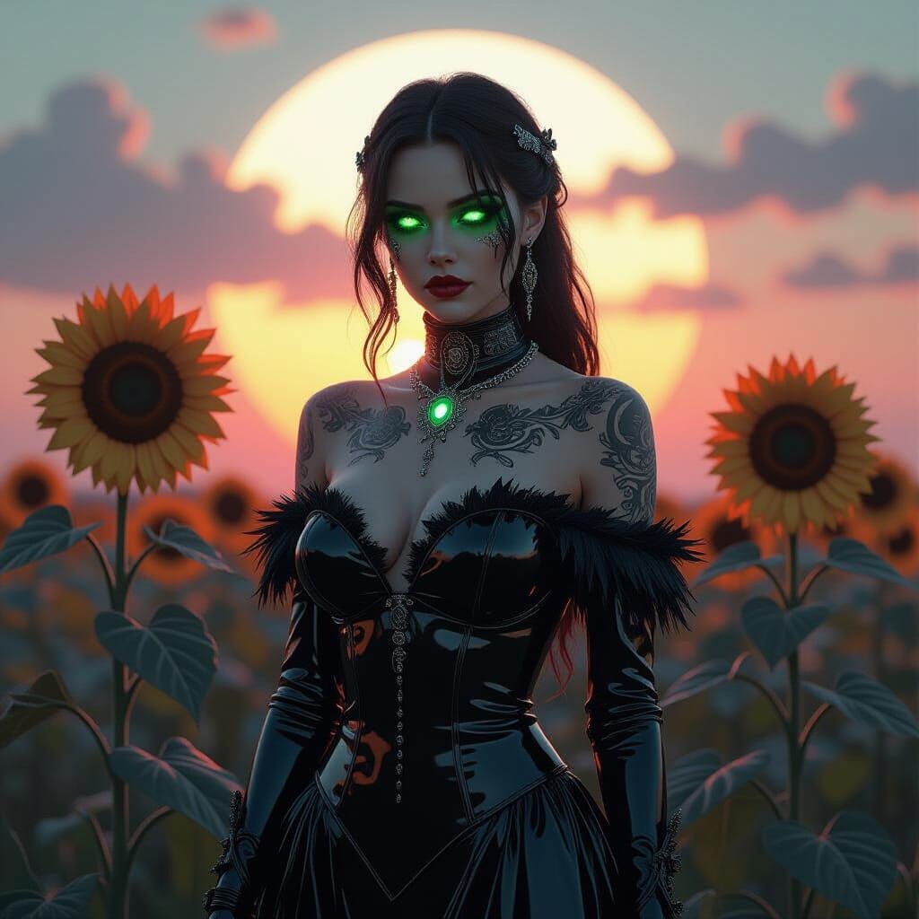 Android in Metallic Sunflower Field, Dark Fantasy Art