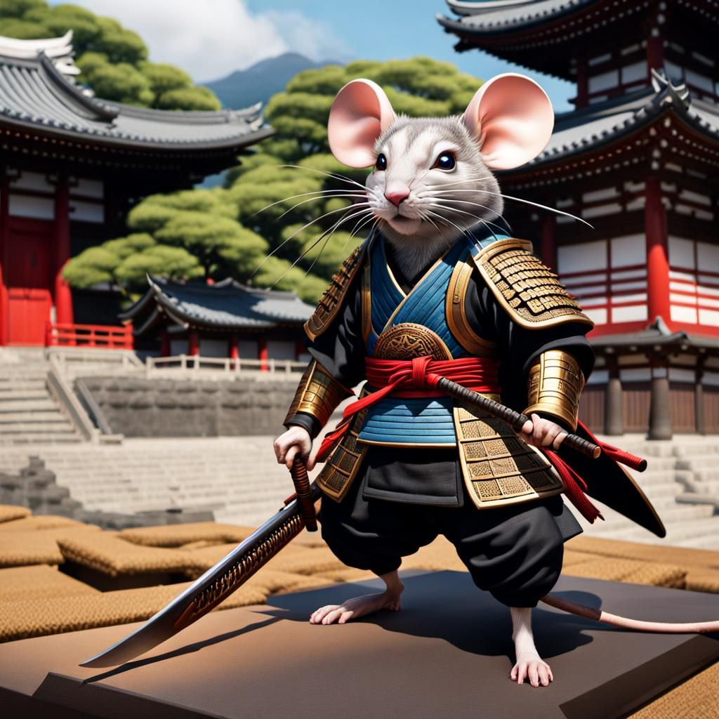 Mouse Samurai Ready for Battle at Temple