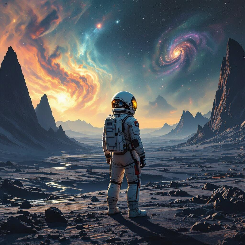 Astronaut on Alien Planet Gazing at Cosmic Nebulae