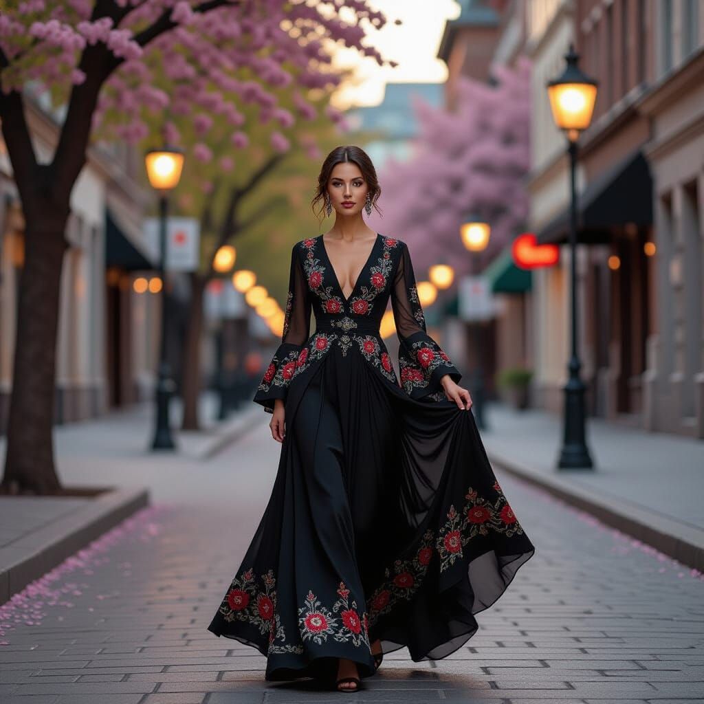 Elegant Woman in Nature-Inspired Dress at Dusk