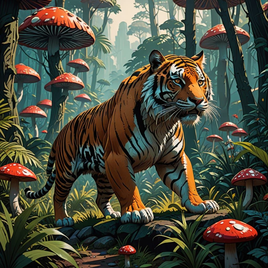 Tiger in Mushroom Jungle Linocut Print Style