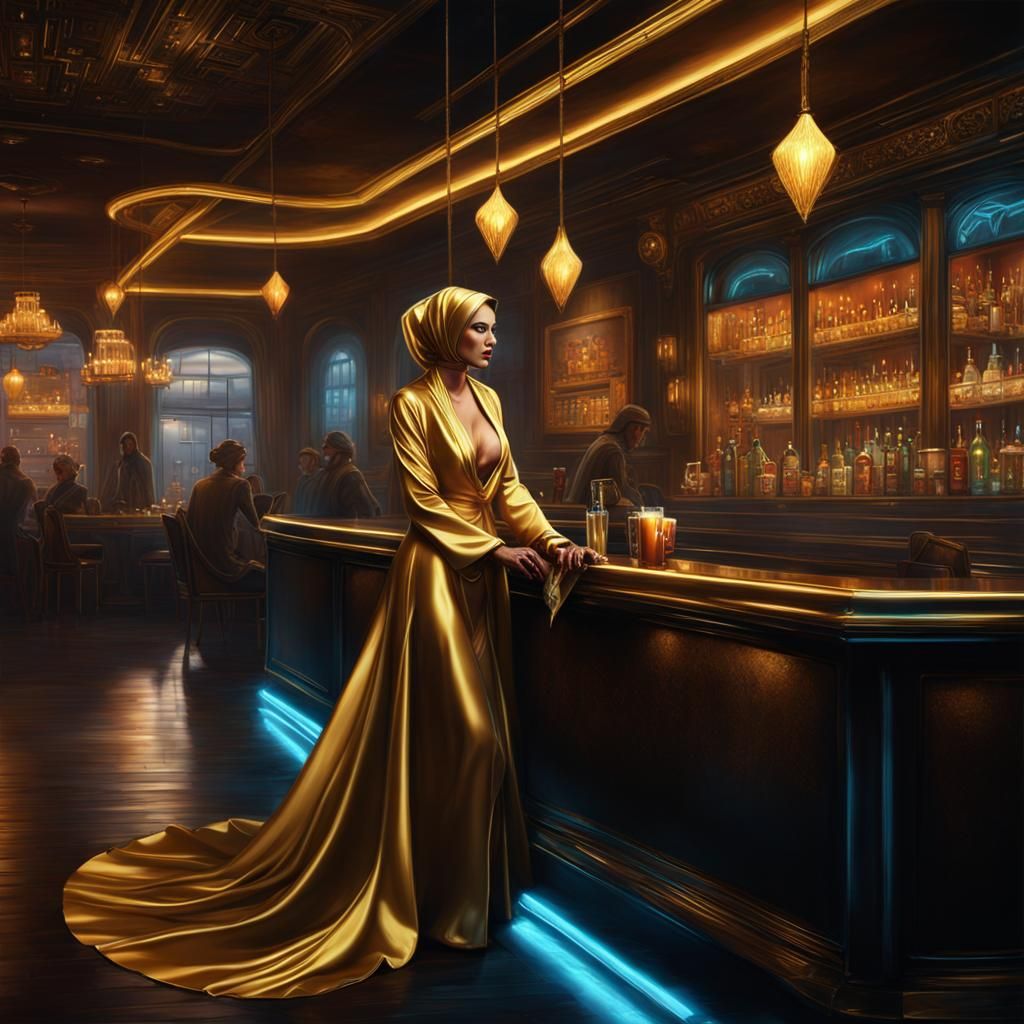 Cyberpunk Night Cafe: Grimdark Lady in Gold