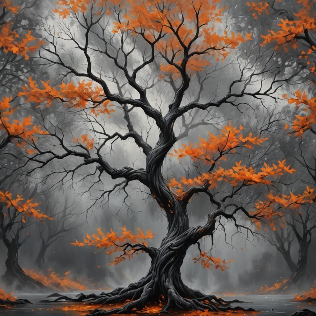 Tree with Orange Leaves: Fantasy Digital Oil Painting