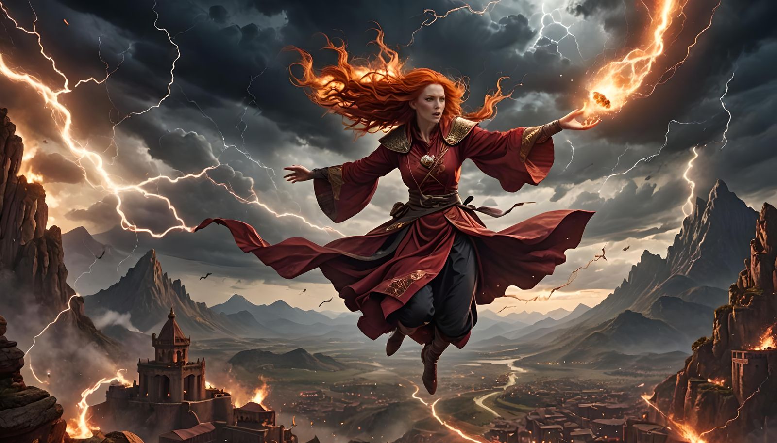 Sorceress Conjuring Fireball in Epic Landscape