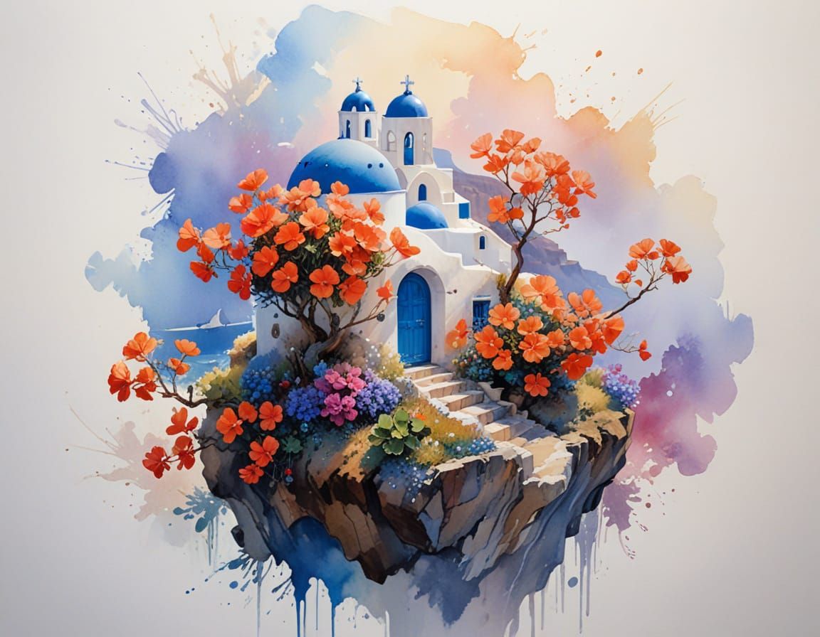 Santorini Cliffside Homes in Breezy Watercolour Style