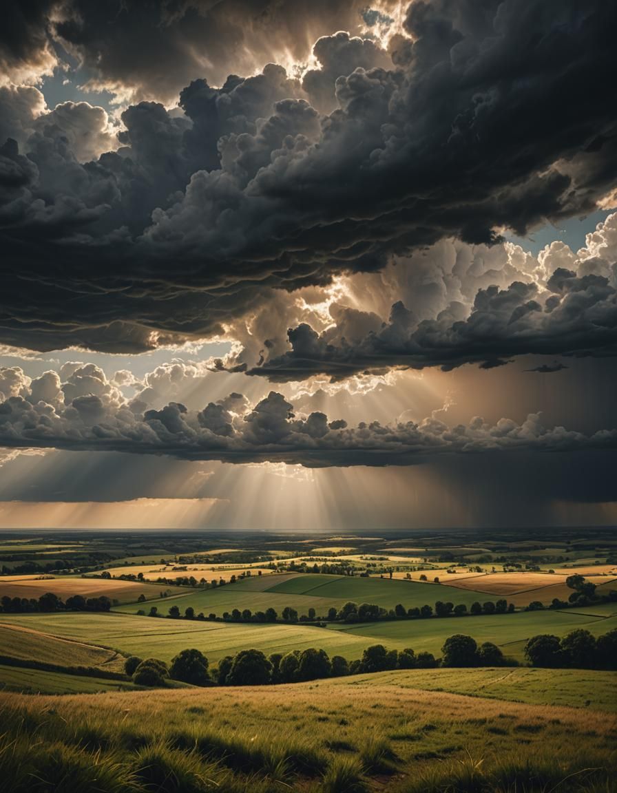 Stormy Sky Over Expansive Fields: Hyperrealistic Landscape