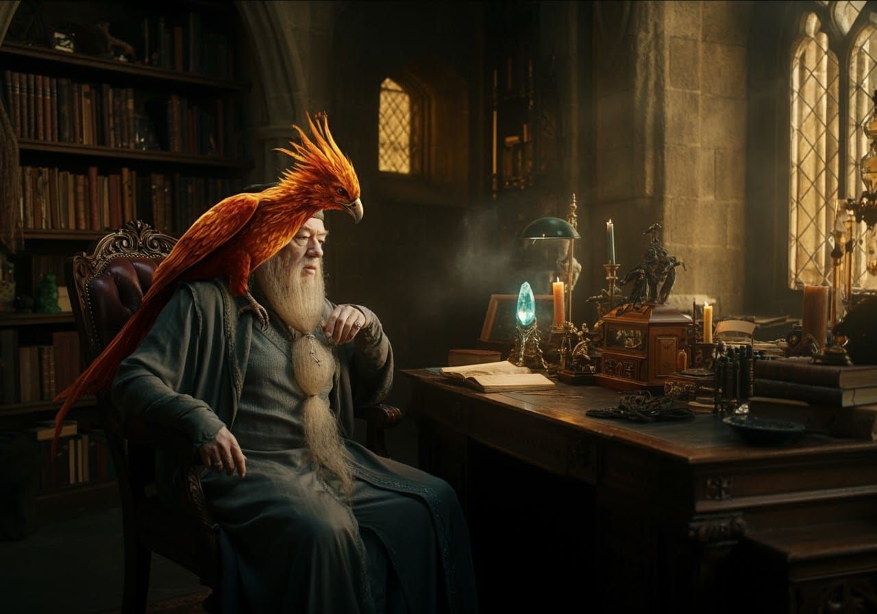 Dumbledore in Mystical Study with Phoenix