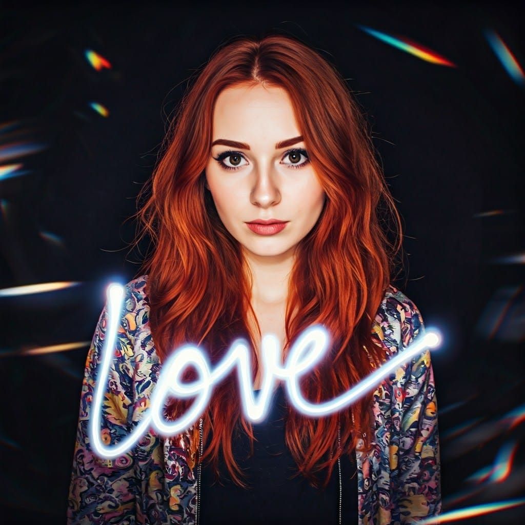 Fiery Redhead Light Painting 'Love' in Cyberpunk Style