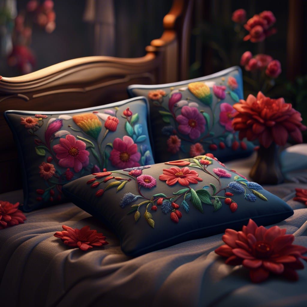 Flower Embroidered Pillows: Detailed Matte Painting