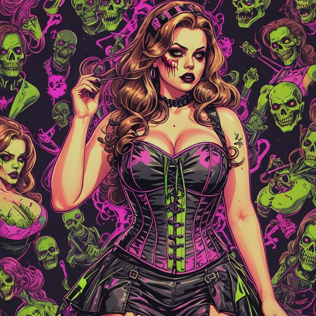 Zombie Pinup Bond Girl in Synthwave Neon Style