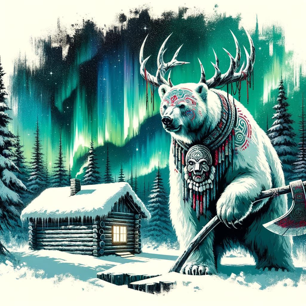 Polar Bear Guardian: Ink Wash Painting Under Aurora