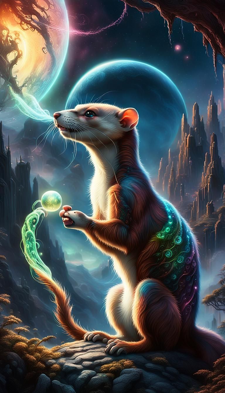 Weasel Swallowing Planet in Surreal Biopunk Style