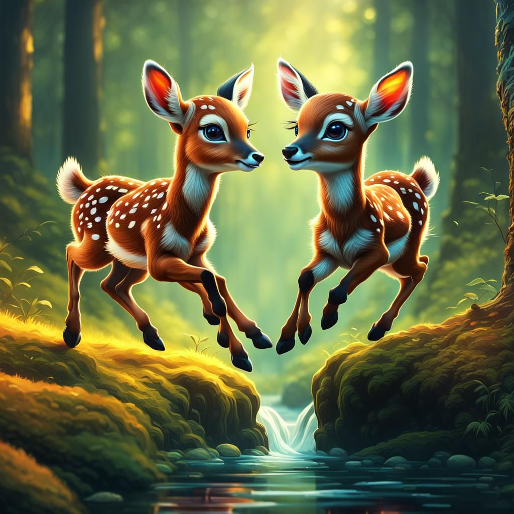 Two Cute Deer Play in a National Park: 3D Art