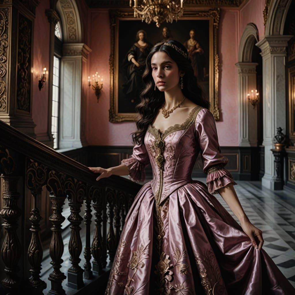 Elegant Woman on Marble Staircase in Baroque Fine Art Style