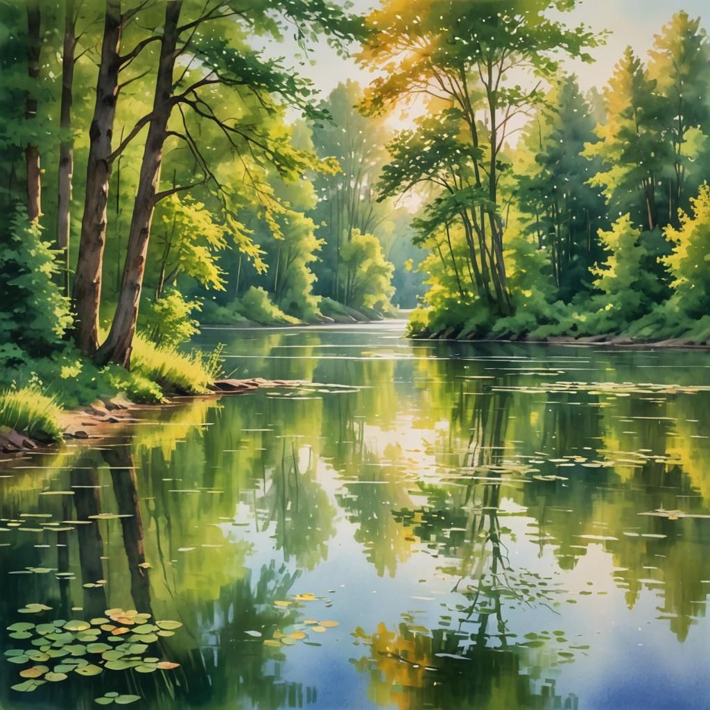 Idyllic Summer Lake in Soft Oil Painting Style