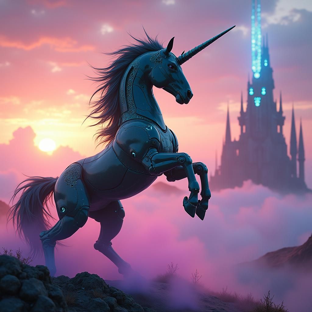 Robot Unicorn Rearing on Alien Planet