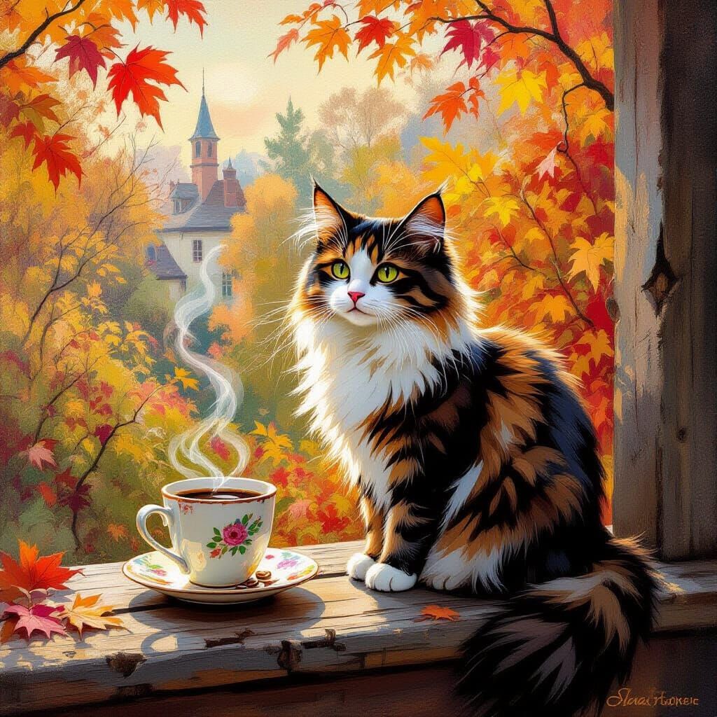 Whimsical Cat on Terrace with Coffee in Autumn