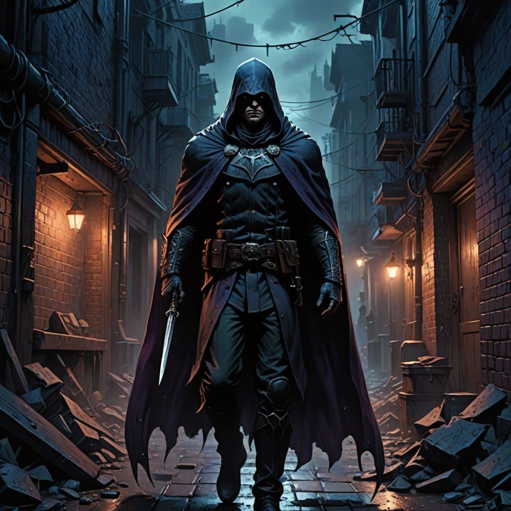 Vengeful Dark Knight Emerges from Shadows in City Alleyway