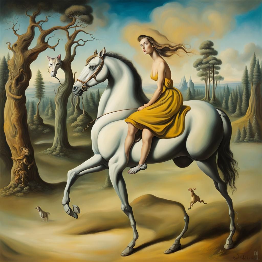 Surreal Cat-Faced Woman Rides Horse, Dali Style