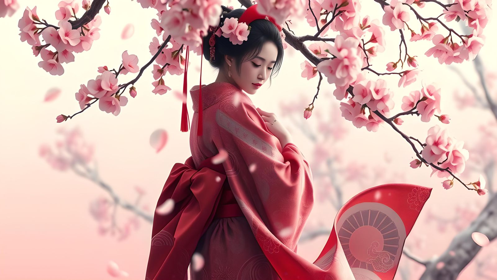 Geisha Under Cherry Blossoms: Antique Japanese Print