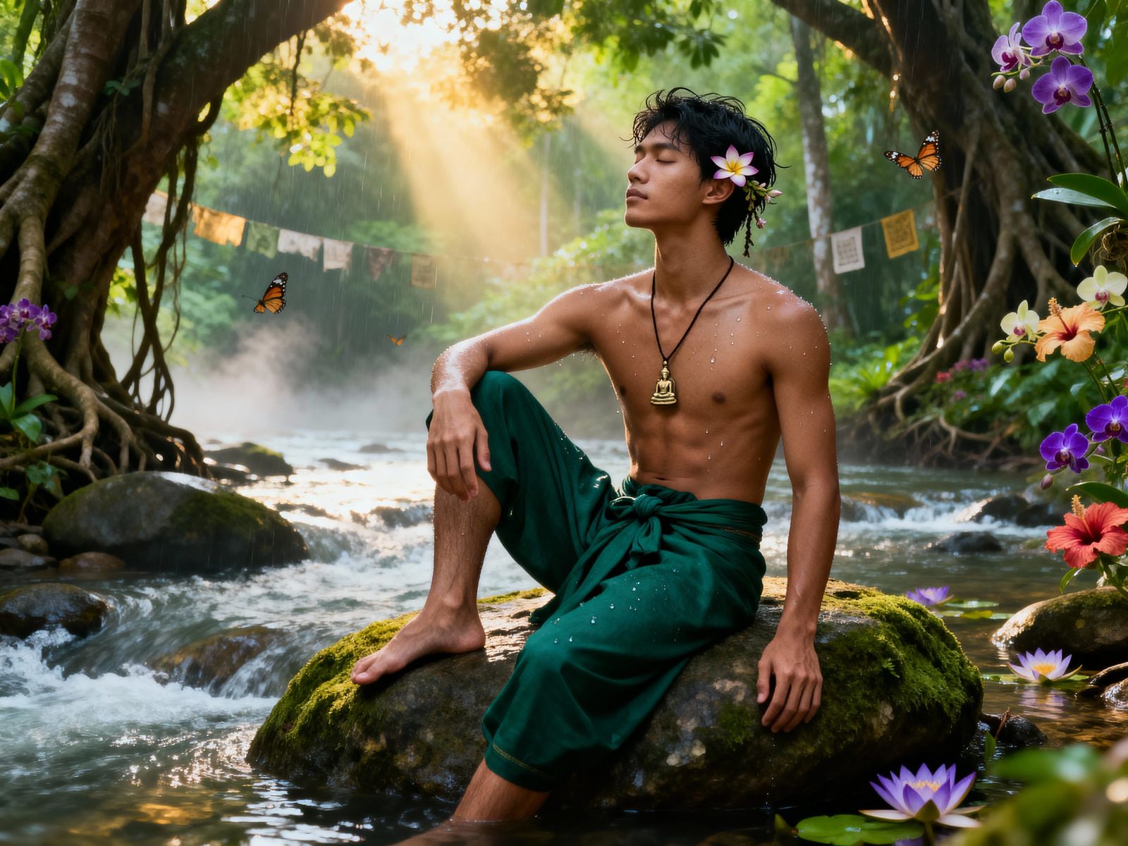 Thai River Spirit Meditating by Monsoon Jungle