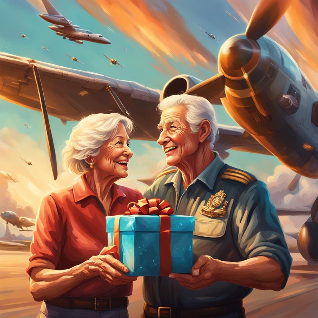 Elderly Woman Gifts Pilot: Hyperrealistic Splash Art