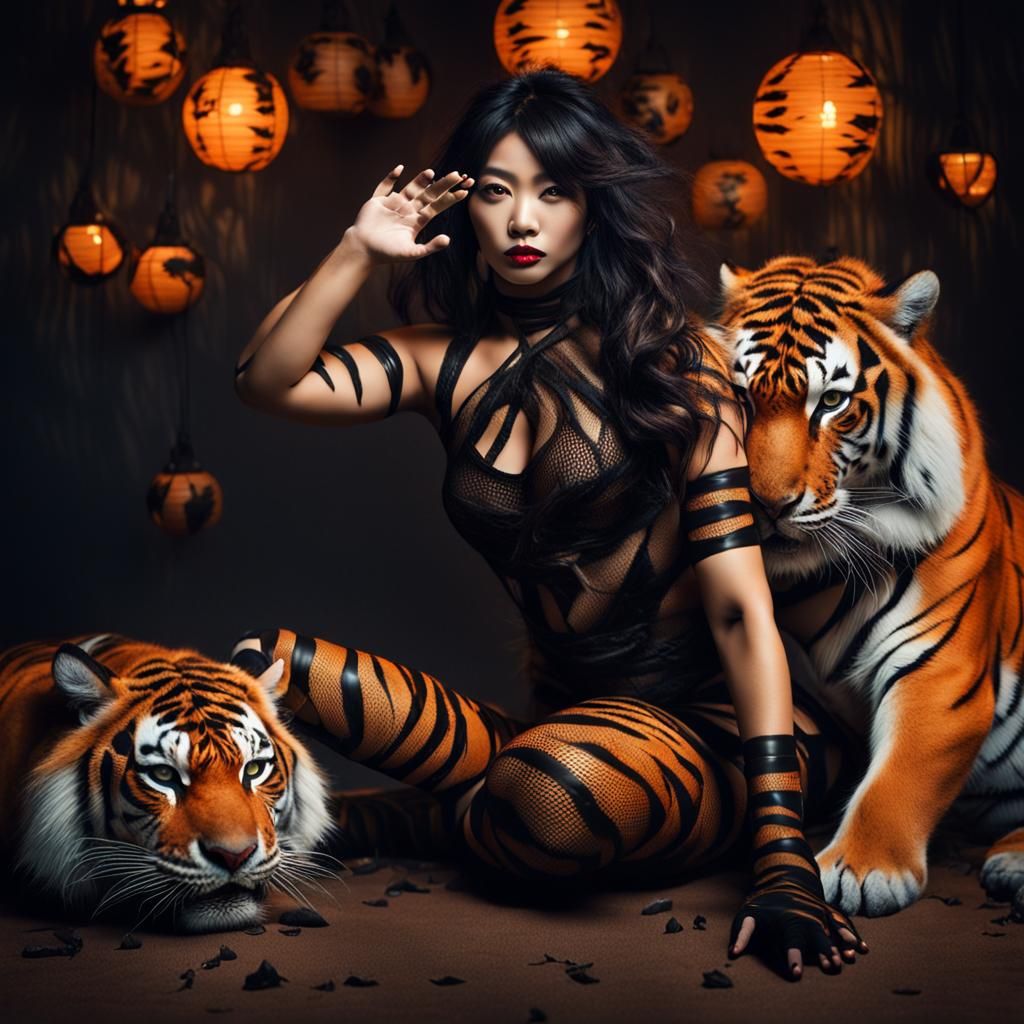 Dark Fantasy Asian Woman with Tigers