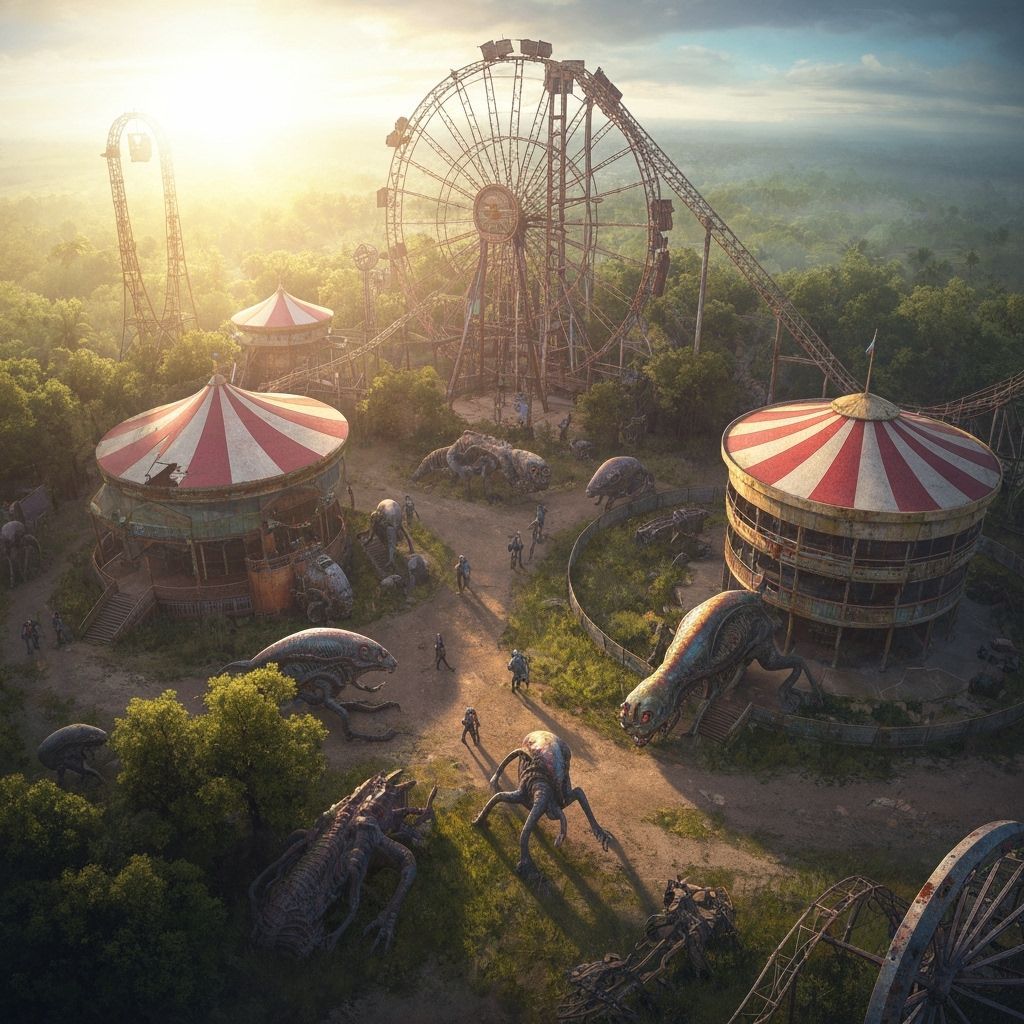 Abandoned Amusement Park Guarded by Aliens in Matte Painting...