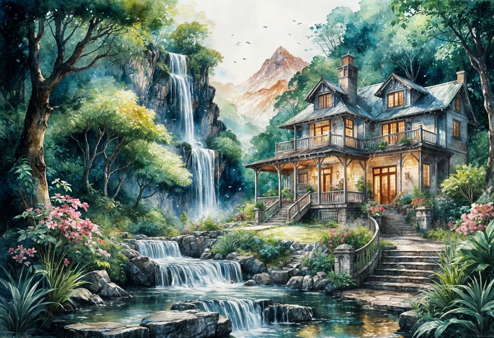 Watercolor Country House with Waterfall