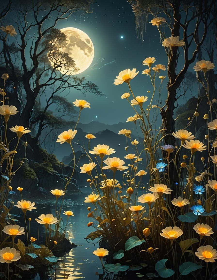 Bioluminescent Flowers in Eerie Light: Digital Matte Paintin...
