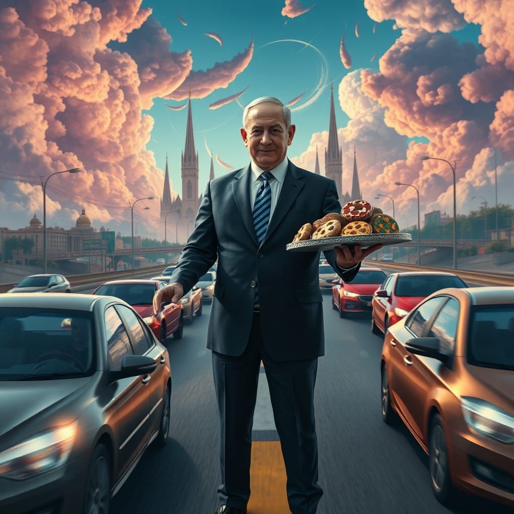 Netanyahu's Surreal Highway Cookie Stop: Matte Painting