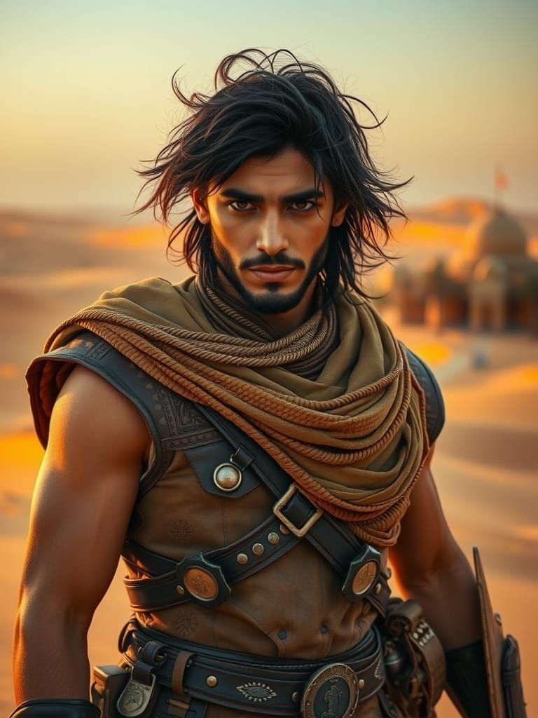 Arabian Warrior in Golden Desert Oasis