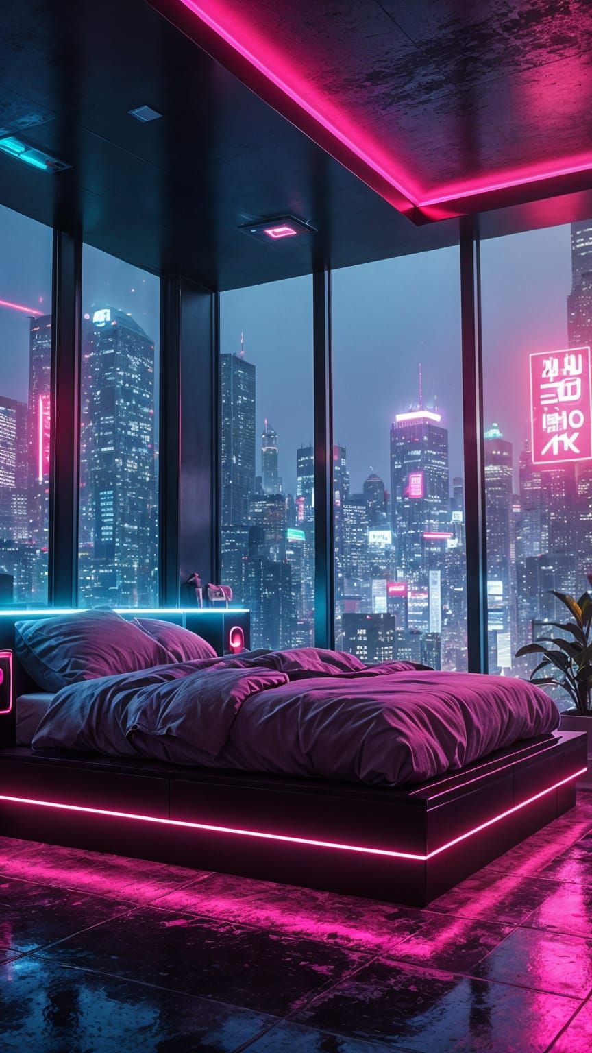 Cyberpunk Bedroom Overlooking Neon Cityscape