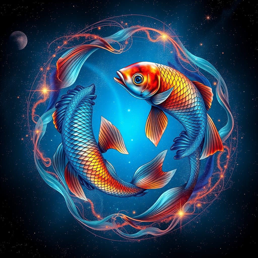 Cosmic Pisces Zodiac Sign with Majestic Fish in Triadic Colo...