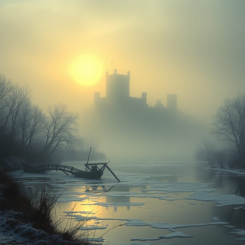 Ethereal Castle Ruin Shimmers in Morning Mist