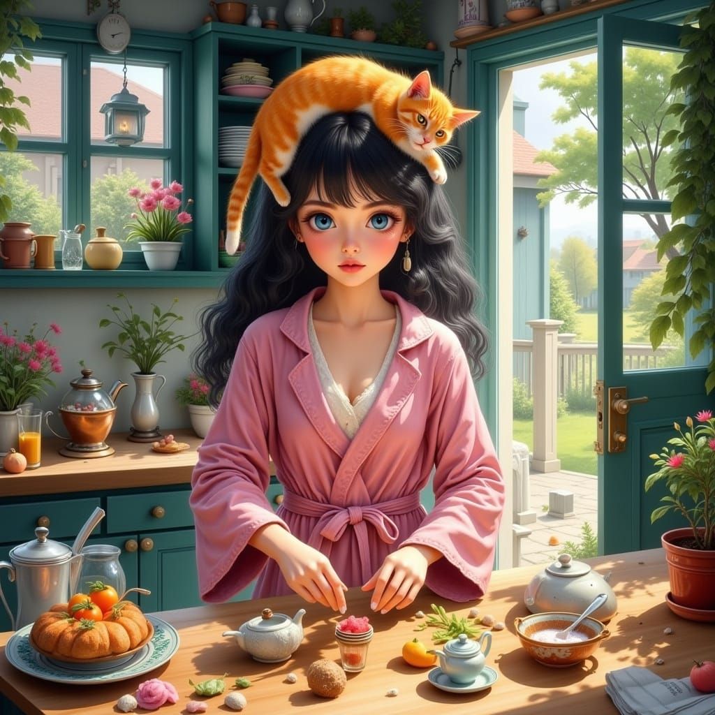 Woman in Pink Robe with Cat on Head in Kitchen