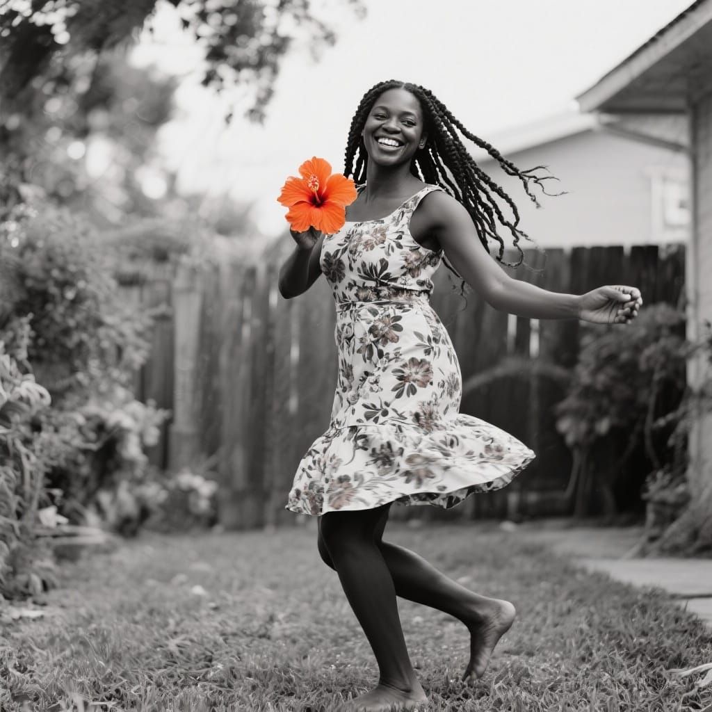 Woman Dancing with Hibiscus in Black and White Photo