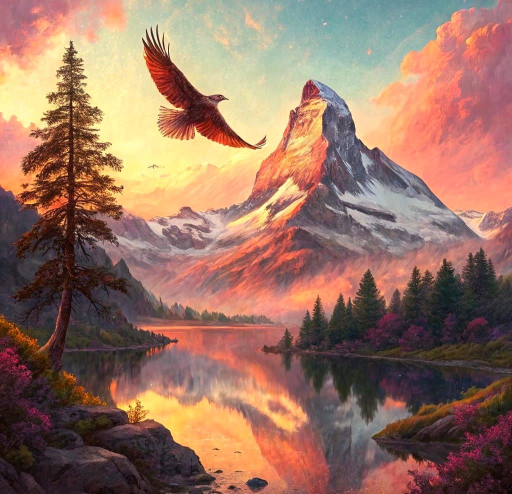 Falcon Soaring Above Alps in Impressionist Style