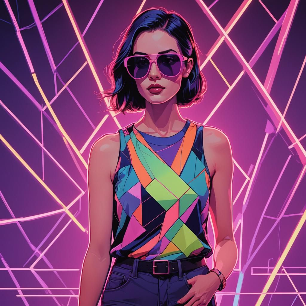 Geometric Neon Girl Illustration in Pop Art Style